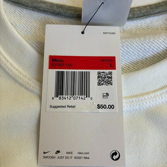 Nike White Club Fleece Crewneck Sweatshirt Pullover Athleisure Men’s Size Large - Picture 3 of 8